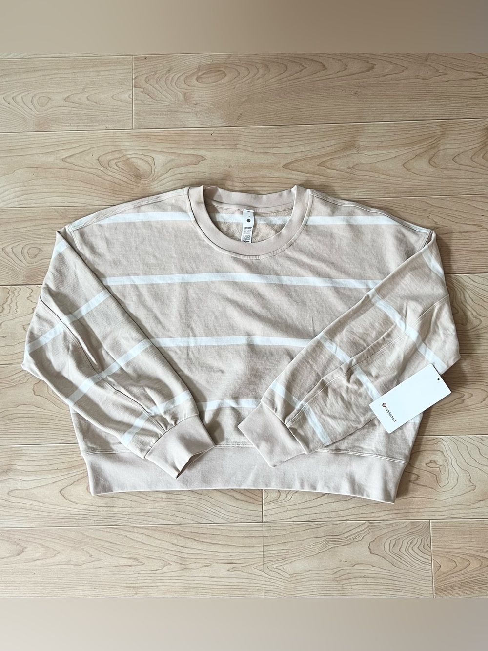 Lululemon Beige and White Striped Oversized Crew Neck Sweater